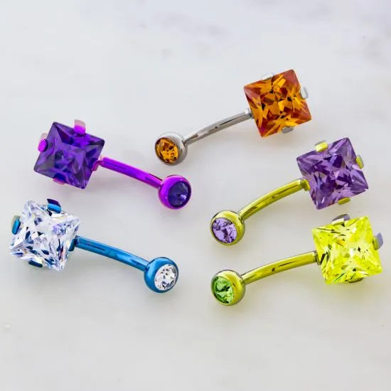 Prong Set Square Gem Navel Bar